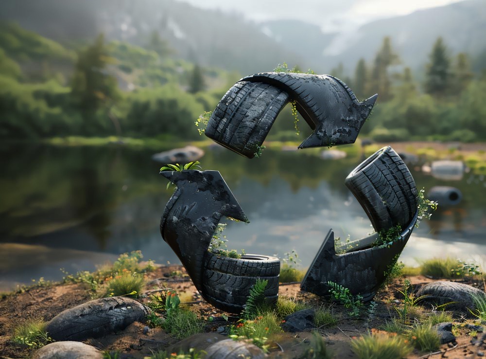 Símbolo de reciclagem formado por pneus usados em meio à natureza, representando sustentabilidade e reaproveitamento ambiental